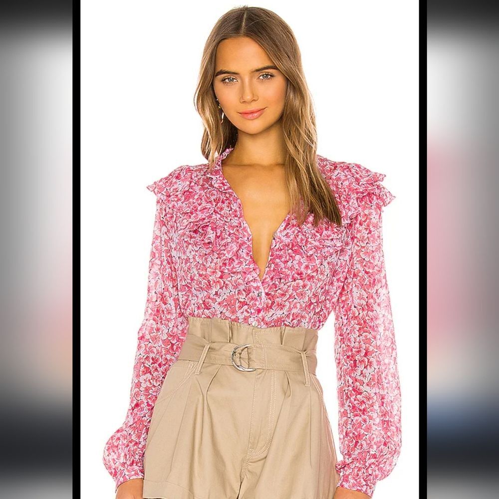 Banjanan Revolve Nina Long Sleeve Ruffle Blouse Clover Field White Pink Medium